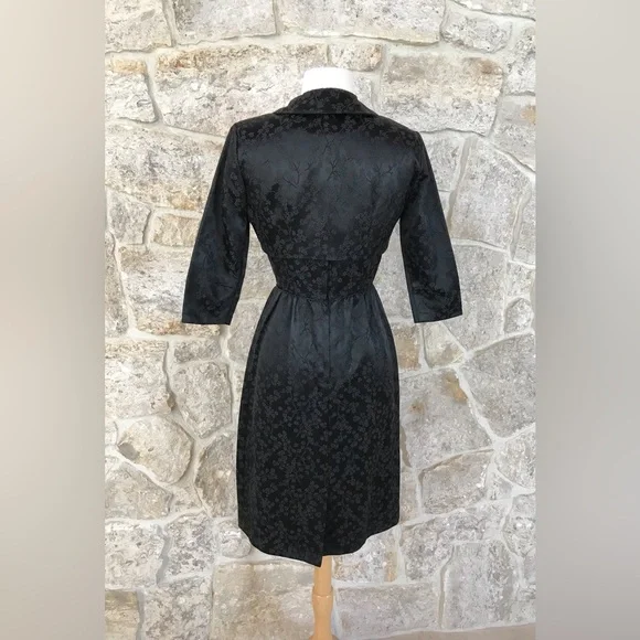 Vintage 50s Black Floral Brocade Dress Set with Kitten Bow Waist Audrey Hepburn - Picture 9 of 16